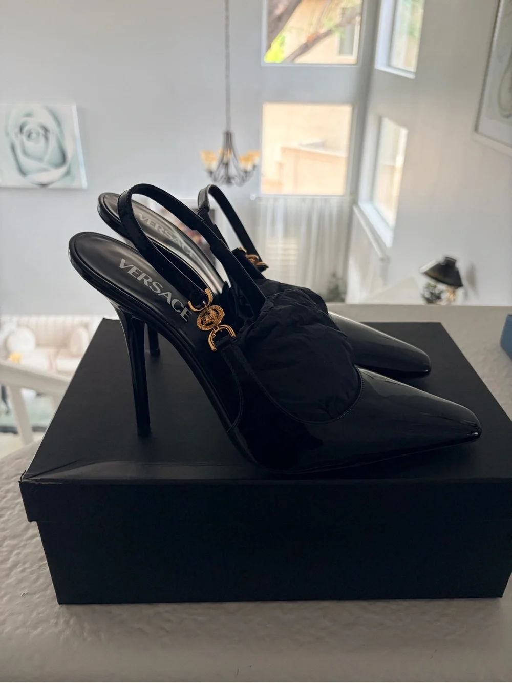 Versace Black Patent Leather Pointed Slingback Heels with Gold Medusa - Picture 1 of 10